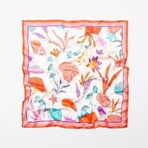 Zara White/Orange Printed Satin Scarf.